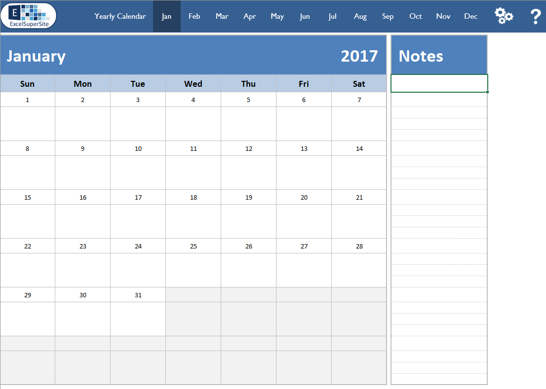 Calendar Yearly & 12 month ExcelSuperSite